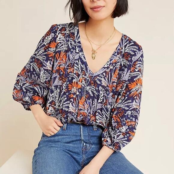 Maeve Cathy Pleated Top Size M Blue Viscose Peasant Blouse Monkey Anthropologie - Picture 2 of 14